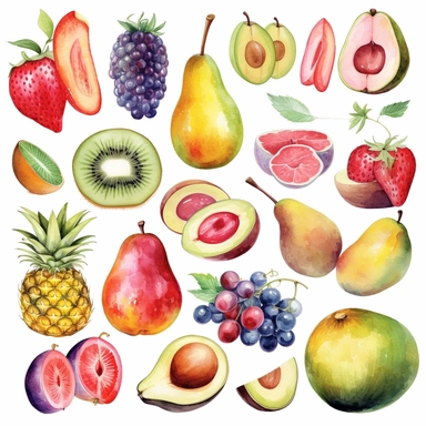 cliparts, watercolor, pieces of cute summer fruits, avocado, pineapple, strawberry, banana, watermelone, coconut, lime, lemon, apple, cherry, berries, grapes