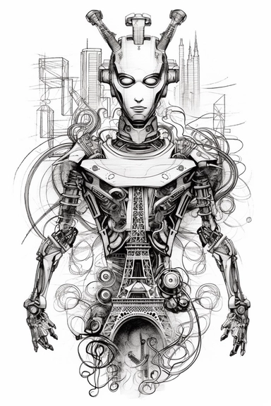 a black and white sketch of a robot, in the style of iron man, drawn like clip art with a strong and detailed feeling of liberty and art nouveau, floating above the eiffel tower in paris