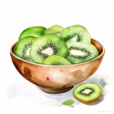 watercolor clipart of bowl with kiwi, presented in a flatlay style with a top-side view on a clean white background. bowl should be filled with a visually appealing arrangement of one ingredient, showcasing their vibrant colors and textures. The watercolor style should bring out the essence of each ingredient while retaining a harmonious overall composition. The clean white background should provide a pristine backdrop, enhancing the visibility and focus on the bowl and their contents. Omit any 