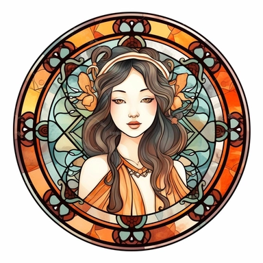 Vintage Cute Beautiful Round Stained Glass Asian Girl Sublimation Clipart, Cartoon, hyper realistic, intricate detail, illustration style, high solution, on the white background