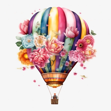 Hot Air Balloon With Foral realistic Clipart, White Background