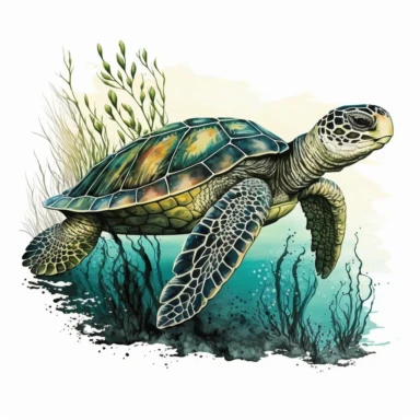 Create a serene and captivating clipart image of a majestic turtle, showcasing its grace and beauty. The artwork should be clean with a focus on the intricate details and soft blending of beautiful colors. The turtle should be depicted in a peaceful and calm manner, radiating a sense of tranquility. The colors chosen should be harmonious and visually pleasing, capturing the essence of the turtle's natural environment. The background should be white or transparent, allowing the turtle to be the m