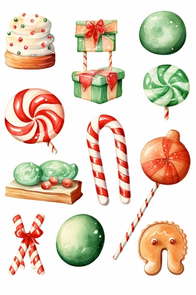 watercolour of a variety of Christmas Candies and cookies. Red and Green Gumdrops, Candy Canes, Peppermints, ginger breads, ribbon candy, clipart variations, simple, vector, 8k