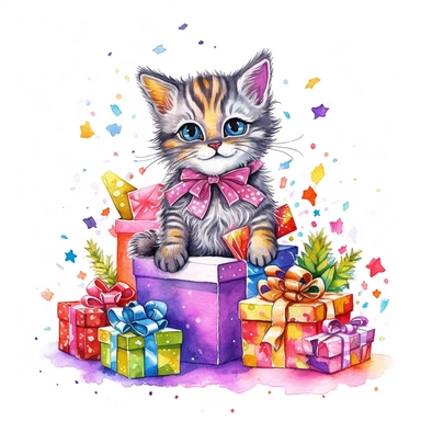 please create watercolor clipart of a cat, smiling, wearing party clothes with birthday presents, vibrant colors,intricate details, isolated on white background, vivid colors, hdr, 8k