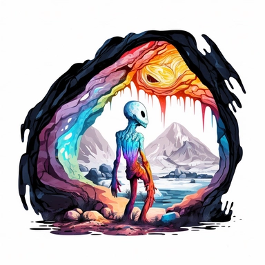 Boho style illustration, clipart, sublimation painting. Alien in Vatnajökull Glacier Cave. Bright colorful colors. White empty background, high quality 8k, quality detail