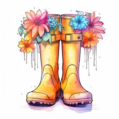 Women's rain boots autumn and flowers style by Lucy Fleming, watercolor, smooth gradients, black contour outline, ultra detailed, clipart elements, delicate pastel colors, solid white background, super clear, high quality