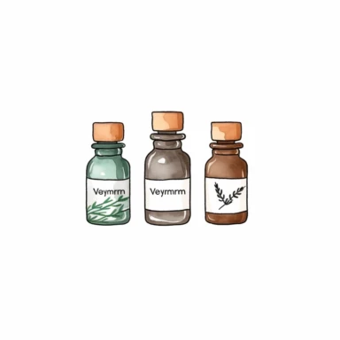 a watercolor sticker of a few bottles of essential oils. Watercolor. Clipart. Faded beige color palette. White background. Artistic illustration. Minimal. Hand-drawn.