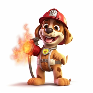 clipart, cartoon brown dog like a fireman puting out the fire with a fire hose, cap on head, in the style of imax, playful and lighthearted compositions, childlike innocence and charm, uhd image, realistic and hyper-detailed renderings, movie still, utilizes, white background