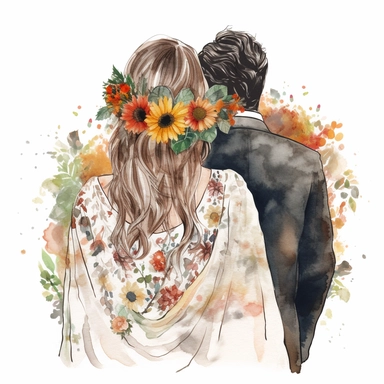 watercolor the middle of the couple New with arms around in the park back view Bridal veil with Zinnias flowers and leaves adorning her hair. hair up with flowers vividly bold designs png realistic cartoon in 32K UHD cute. 15 cm thick outline. Black color. There was no shadow on the ground. 8k with realistic watercolors. and detailed illustrations. PNG clipart, transparent white background