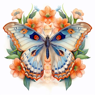 a female Chinese moon moth, surrounded by blue and orange flowers, romantic bloomcore, beautiful beyond belief, photo clipart on solid white background