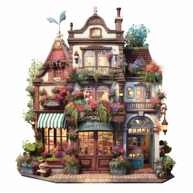 a very cute toy shop with lots of toys , clipart, exterior view, cozy, flowers, luminious, dramatic lighting, super detailed, daytime, Thomas Kinkade style, watercolor, 8k, on isolated white background