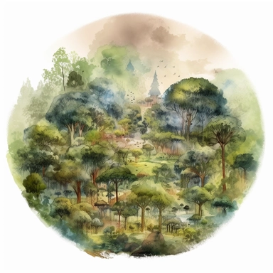 a watercolor of a realistic scenery of the center of the earth forrest, victorian style, vector free clipart illustration, in the style of unreal engine 5, 32k uhd, detailed features, white background