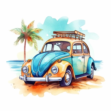 Cute Beautiful Beach Car Watercolor Sublimation Clipart,Cartoon, hyper realistic, intricate detail, illustration style,high solution,on the white background