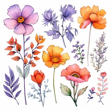 atercolor, handpainted floral clipart, transparent background, 6 elements evenly spaced out by 1 inches