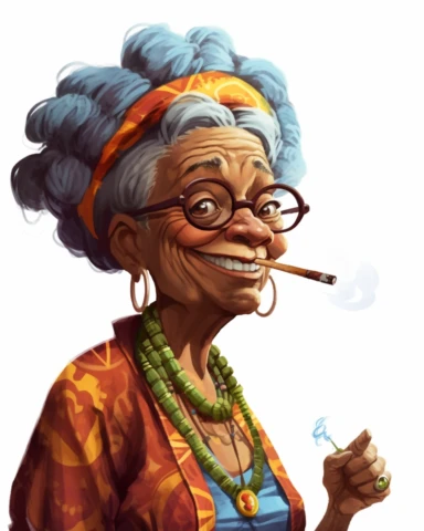 laughing funny Comic Book style Sassy hip African American Boho chic Grandma with long rope style dreadlocks smoking a pipe puff puff pass Smoking blunt between her lips holding a cigarette lighter in one hand clipart