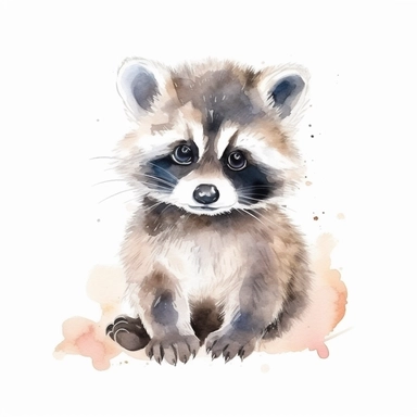 a graceful baby raccoon with kind eyes clipart with watercolor illustration,full body shot,8k,etsy style, white background