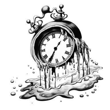 a bent melting clock, Joe Crabtree 90s clip art, black and white