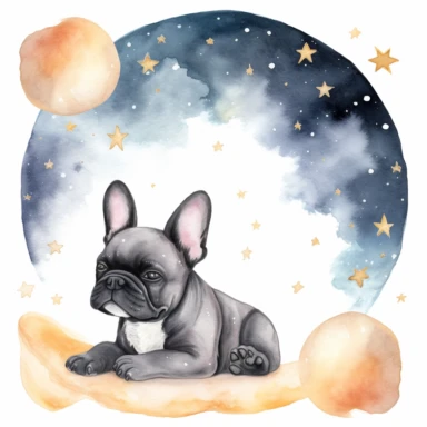 celestial watercolour French Bulldog clipart, on white background, stars, nebula, moon, galaxy, soft colours