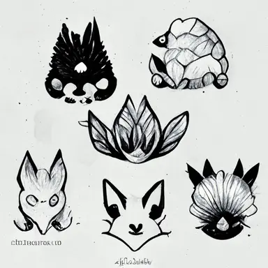 Pokémon style animal, tattoo flash sheet, separate images, black and white, sticker, line art, clipart, white border