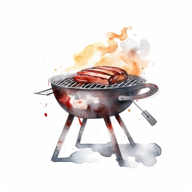Watercolor A sizzling BBQ grill with smoke and flames clipart, Minimalist, isolated white background, 8k