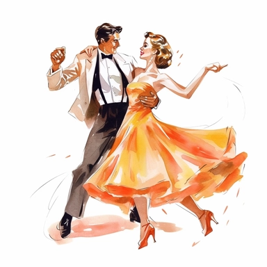 A couple dancing at a retro-inspired ballroom, with twirling skirts and a live band playing swing music, clipart, watercolor, white background, american style