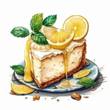 photo-realistic lemon cheesecake decorated with whipped cream, lemon custard, lemon wedges and mint leaves vintage, very detailed, hipster style cafe, white background, still life photography, food photography, dessert photography, dreamy, clipart, watercolor illustration style 8k, png