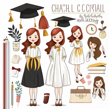 Graduation Clipart, Graduating Girls Planner Stickers, School Clipart, College Senior Clipart Fashion Illustrations, Students Graduation, white background