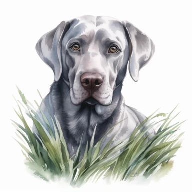 Hand drawn silver Labrador, in the grass, very detailed and realistic, watercolor, white background with margins, clipart style