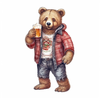 Cute Beautiful Daddy Bear Drink beer full body Sublimation Clipart,Cartoon,hyper realistic, intricate detail, illustration style,high solution,on the white background