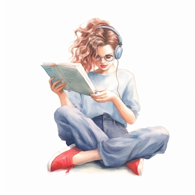girl reading, pastel colors, light watercolor, few details, dreamy, Studio Ghibli, clipart, white background