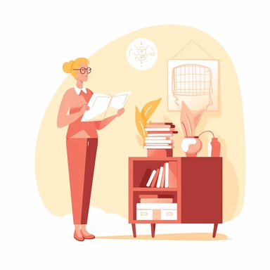 vector design, image the teacher is standing, book in hand, side table with books, blackboard, flat modern illustration, clipart, white background, soft gradient transition, in the style of warm color palette, natural pastel colors, in bed red and yellow, object portraiture specialist, uniformly staged images, animated illustrations