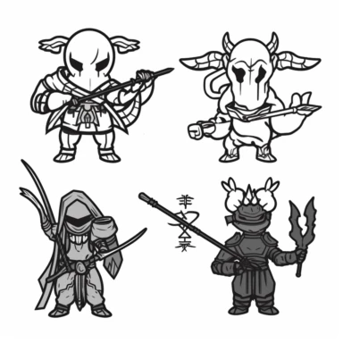 a set of black line clipart inspired by ramen and mutants and killer puppets and Funko Pop toys