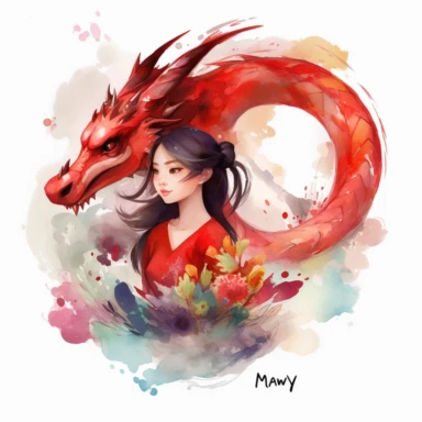 watercolor Disney Mulan with Mushu small red dragon, clipart, white background, by Kawacy