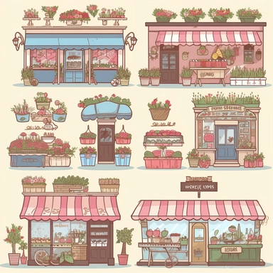 grocery store, flower shop, bakery, ice cream shop, cafe graphic clipart in one photo