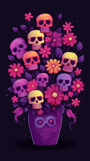 create a funny flowers bouquet, magenta and purple petals, as Halloween, bright green stem, black background, tiny purple bats flying around the flowers, and some tiny funny Catrina skulls for Halloween over emery flower, clipart,