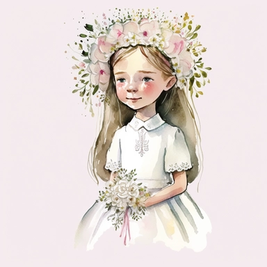 First Communion Clipart watercolor for girl, fully body, for her First Communion, tiara on her head, flowers in her hand, smiling, blushing, White PNG background