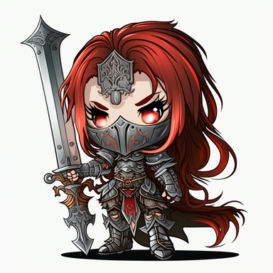 chibi female holy armored knight with great sword, dungrons and dragons, clipart