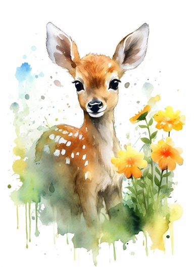 baby deer on a flower field, in the style of 2d game art, nostalgic paintings, 32k uhd, colorful dreamy watercolor scenes, adventure pulp, classical, historical genre scenes, rough-edged 2d animation, watercolor clipart, white background
