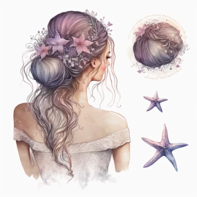 Boho nautical style, wedding bride, back view, seastar, seashell, fantasy, white background, watercolor, hyperrealism, high detail, separate elements, set, clipart