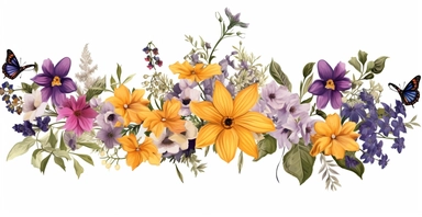 Pressed boho cottagecore floral clipart violet, honeysuckle, black-eyed susan, wild rose and orchids floral border wildflowers with green foliages floral nature garden border, clipart with white background