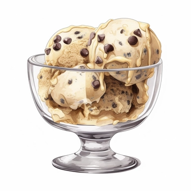 Watercolour of cookie dough Ice Cream in a glass bowl , Clipart,Cartoon,hyper realistic, intricate detail isolated on a white background, high quality, sublimation, detailed, cartoon style
