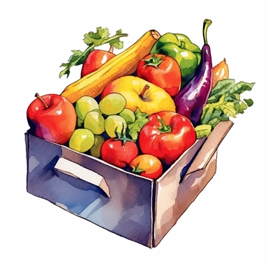 watercolor fresh fruit and vegetables box with fruit and veggies, in the style of realistic watercolor paintings, reductionist form, steve henderson, graphic novel-inspired, thechamba, utilizes, jessie arms botke Clipart desert cartoon t-shirt graphic, vector, contour, isolated on a white background