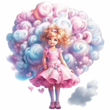 A lone adorable happy girl Eating a cotton candy cloud clipart, adorned with delicate sugar embellishments, her enchanting silhouette captures the whimsical beauty of the Candyland world. Clipart, watercolor, white background, intricate detail, hyper realistic, unreal engine cinematic smooth, ink rendering strong contour