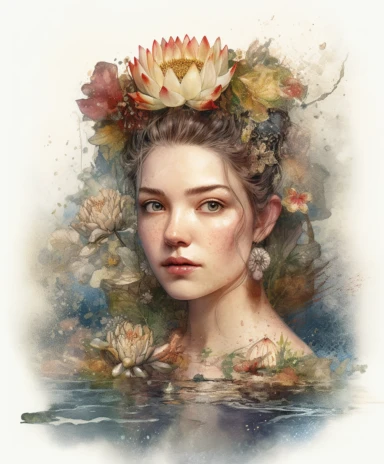 watercolor mixed media portrait of water lily for a beautiful queen with curly hair, decorated with summer flowers and magic crystals, lace and embroidery, moss, branches, castle, golden sparkle glitter, masterpiece by Jean-Baptiste Monge style and by Ivan Fedorovich Choultse style and Hans Zatzka style and Vladimir Kush style, Baroque style, PNG clipart, isolated on white, extreme photorealistic details, 32k HD resolution, realistic high detailization high resolution