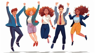 Happy jumping office workers flat vector illustration. Cheerful corporate employees cartoon characters set. Young male and female students in casual clothes isolated clipart. Diverse group of people., watercolor style illustration, vibrant,