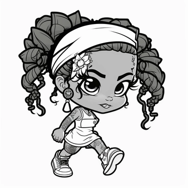 cute line art for coloring page, Black hip hop chibi athletic girl png clipart, camo color black hip hop runner girl, African American track girl, 3d, white background