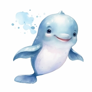 A friendly baby whale with smiling face and kind eyes, clipart, handpainted soft watercolor illustration in cartoon style, nursery style, full body shot, 8k, etsy style, white background