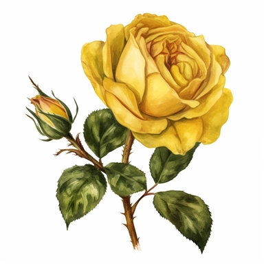 a watercolor of a realistic dark yellow rose with branch, vibrant colors, Victorian Style, vector free clipart illustration, in the style of unreal engine 5, 32k uhd, detailed features, white background