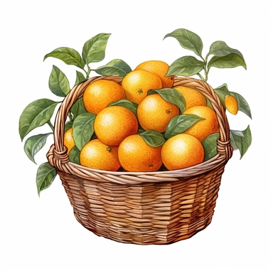 basket of oranges Watercolor Sublimation Clipart ,Cartoon,hyper realistic, intricate detail, illustration style,high solution,on the white background