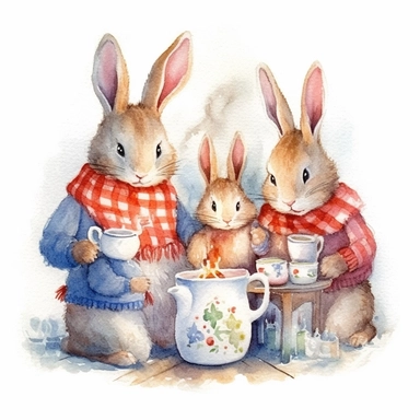 charming family of 4 bunnies, mom and dad, 2 kids, Christmas morning in their cosy homy, festive decor and mood, fireplace, hot chocolates, ornamental watercolor, clipart